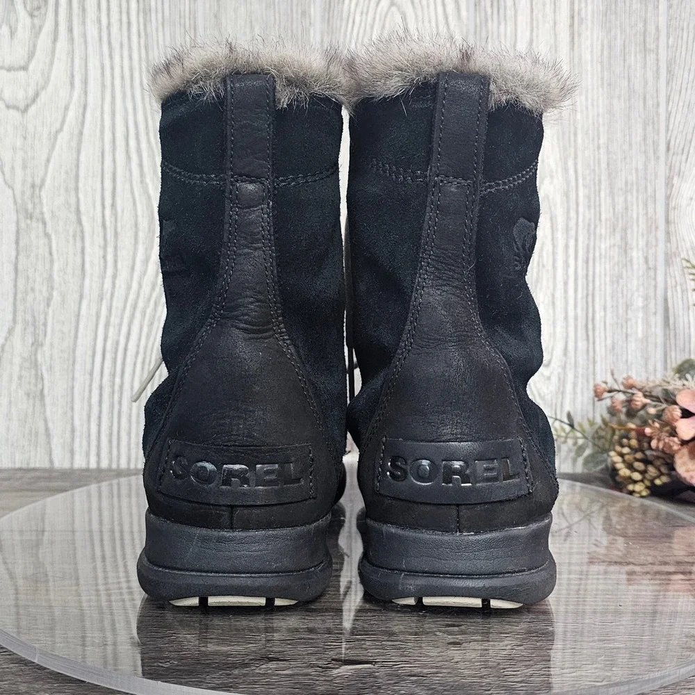 Sorel Explorer Joan Women's 8 Waterproof Black Suede Faux Fur‎ Winter Boots